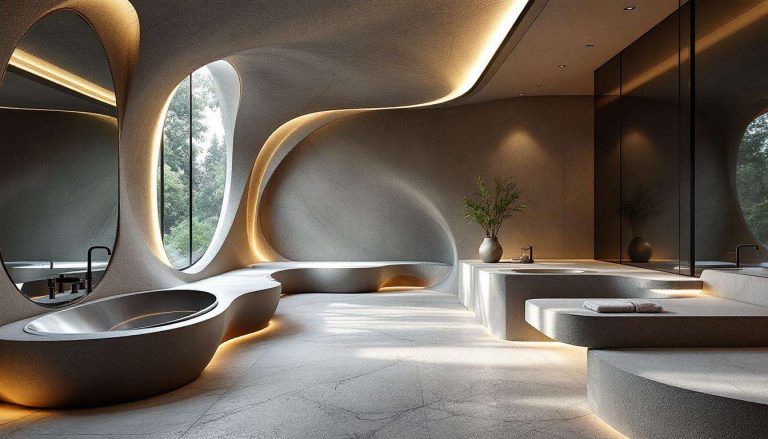 Formes organiques, bancs intégrés, surfaces texturées : voici à quoi va vraiment ressembler la salle de bain en 2026